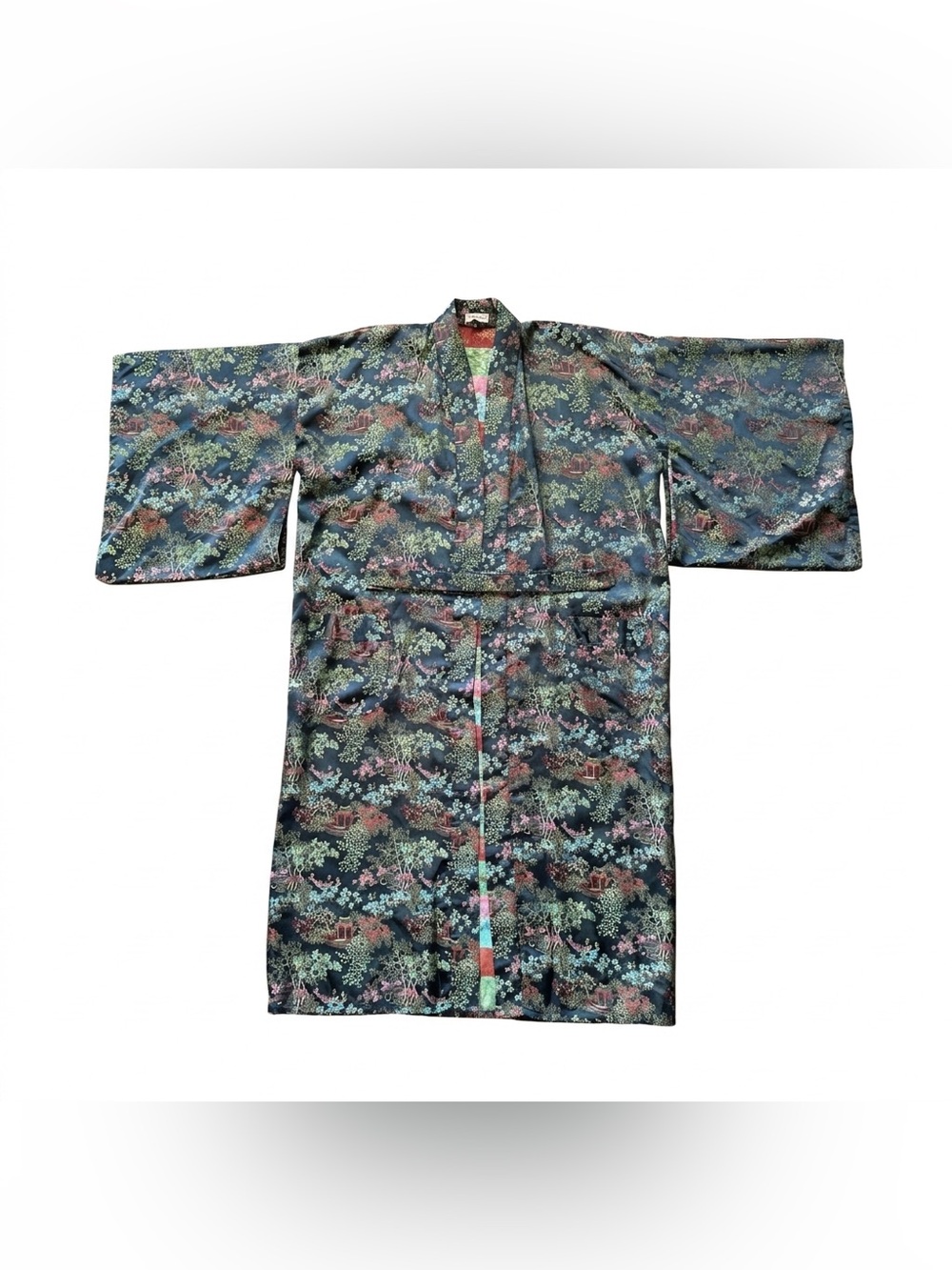 Vintage Double Peach Chinese Brocade Kimono Robe Lounge Coat Mid Century 50s 60s